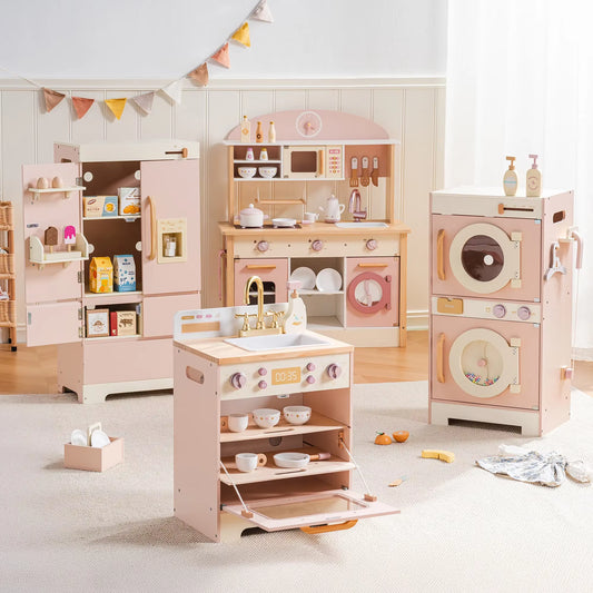 Robud Kids Corner Kitchen Playset Wooden Play Kitchen Set with Realistic Sound Pretend Play Gift for Boys Girls Pink