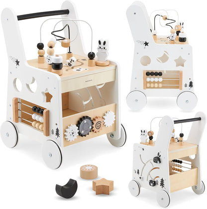 Wooden Baby Walker with Wheels 6-In-1 - Push along Toy 12+ Months - Baby Activity Centre Walker with Shape Sorter, Bead Mazes, Abacus and Gears and Stacking Blocks
