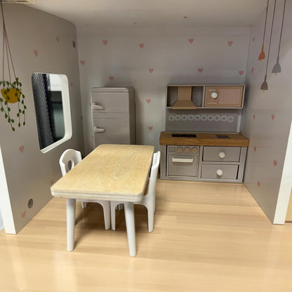 Wooden Dolls House – Modern Open Plan Three Storey Dollhouse with 2 Dolls & Furniture Set, Accessories, Sustainable Toy for Kids 3+