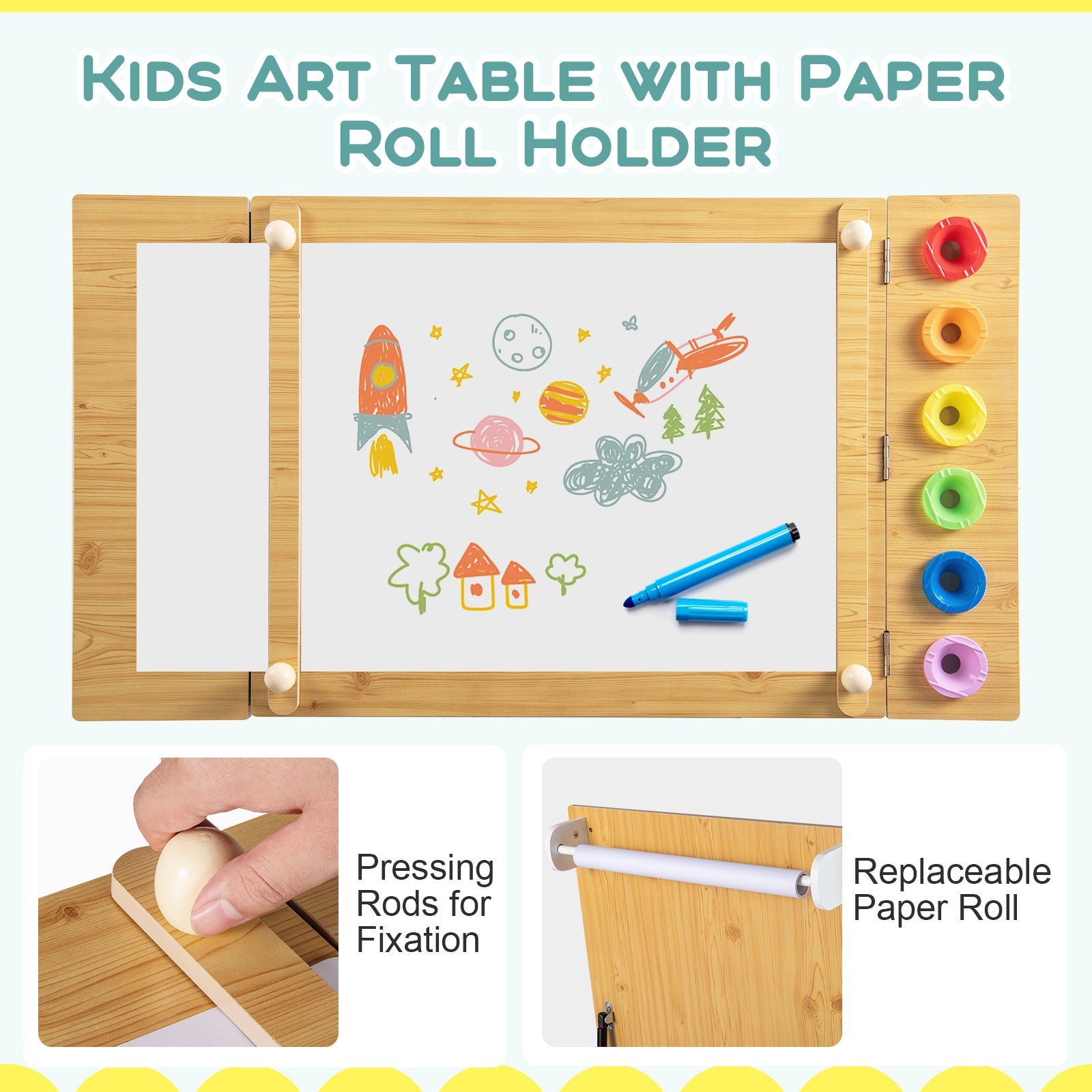 COSTWAY 2-In-1 Kids Art Table and Easel Set Wooden Drawing Desk W/Chairs-Natur