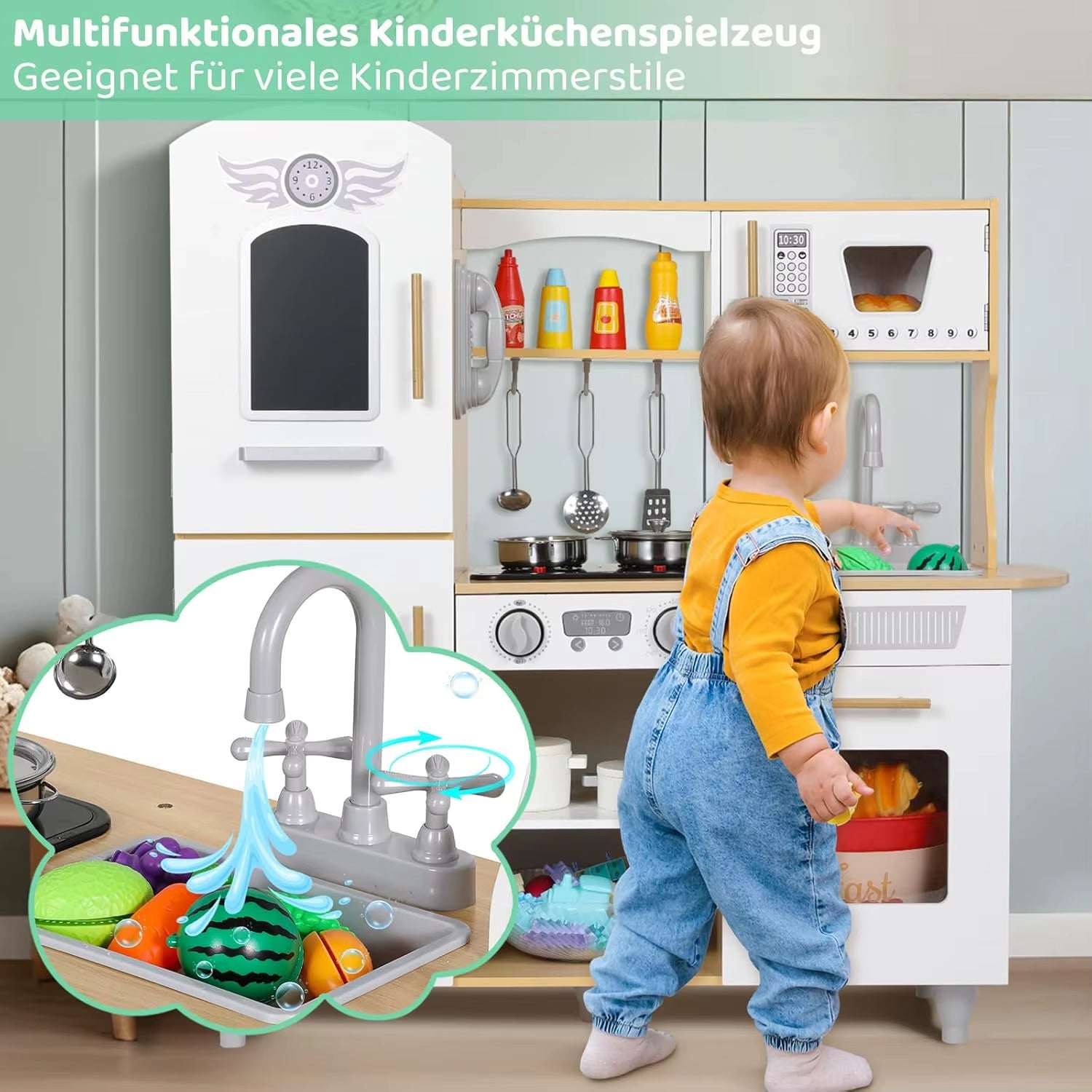 Wooden Toy Kitchen Playset with Real Lights & Sounds, Play Kitchen Set for Toddlers, Double-Door Fridge, Ice Maker & Cookware