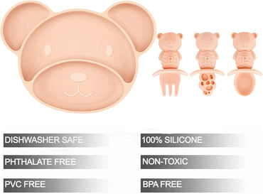 Silicone Suction Plate, Spoon and Fork Set, Toddler Self-Feeding, BPA Free, Dishwasher & Microwave Safe, Bear Shape (Pink)