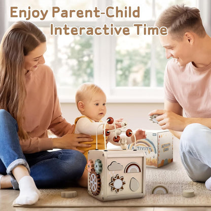 Wooden Activity Cube Wooden Toys 1 Year Old Montessori Toys Early Development & Activity Toys Bead Maze Shape Sorter Educational Baby Girl Boy Gift