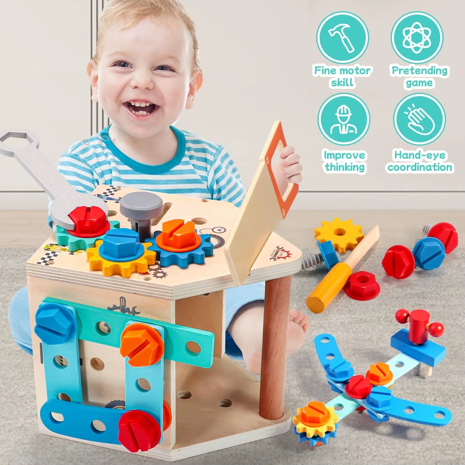 Children'S Wooden Toolbox Set Toys Simulation Maintenance Tool Repair Toys Montessori Screw Puzzle Kids Pretend Play Toys Gift