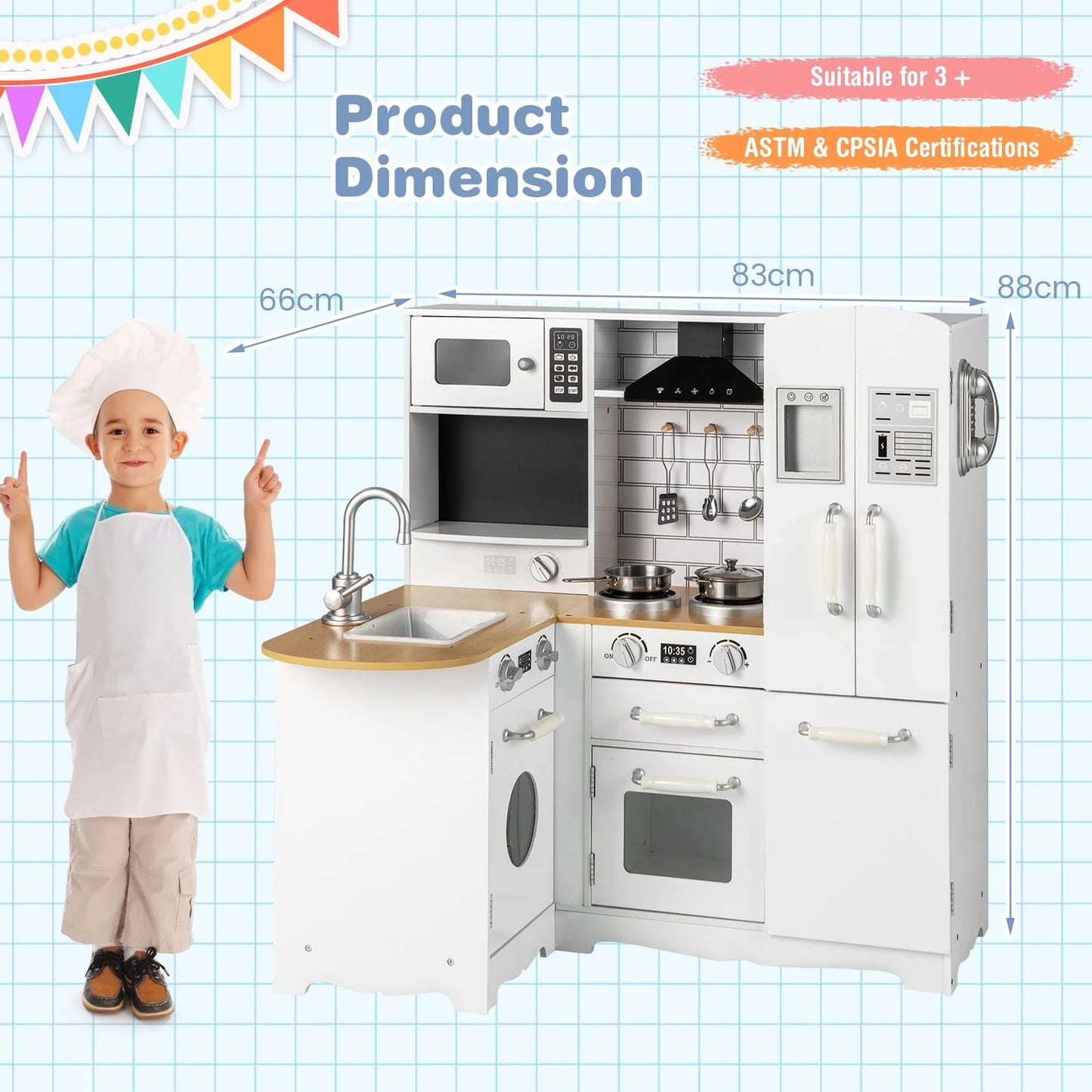 Kid'S Corner Kitchen Playset Wooden Play Kitchen with Range Hood