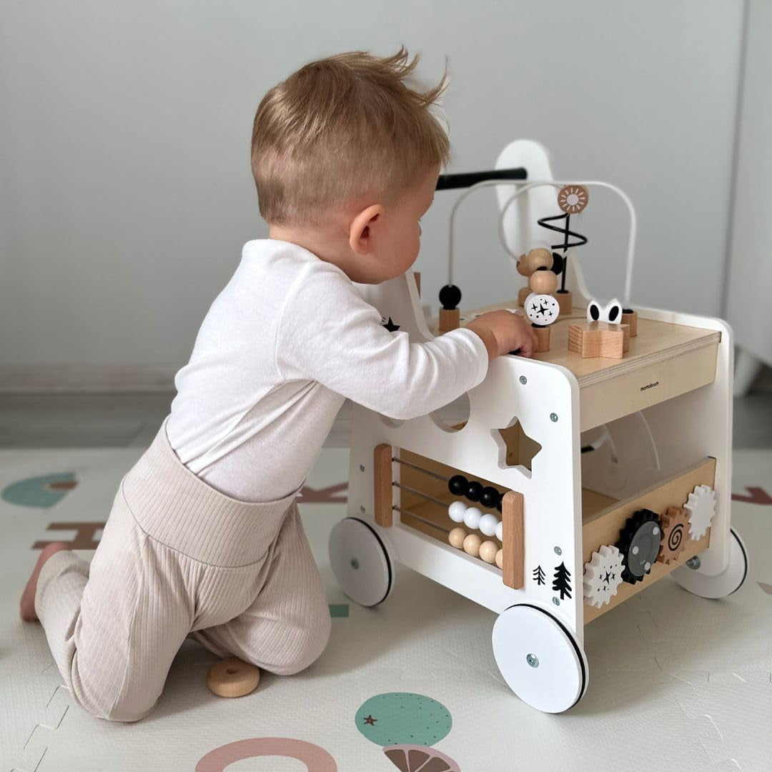 Wooden Baby Walker with Wheels 6-In-1 - Push along Toy 12+ Months - Baby Activity Centre Walker with Shape Sorter, Bead Mazes, Abacus and Gears and Stacking Blocks