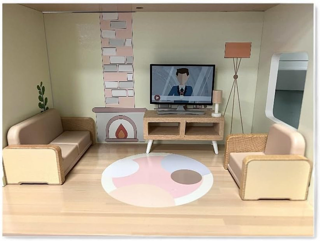 Wooden Dolls House – Modern Open Plan Three Storey Dollhouse with 2 Dolls & Furniture Set, Accessories, Sustainable Toy for Kids 3+