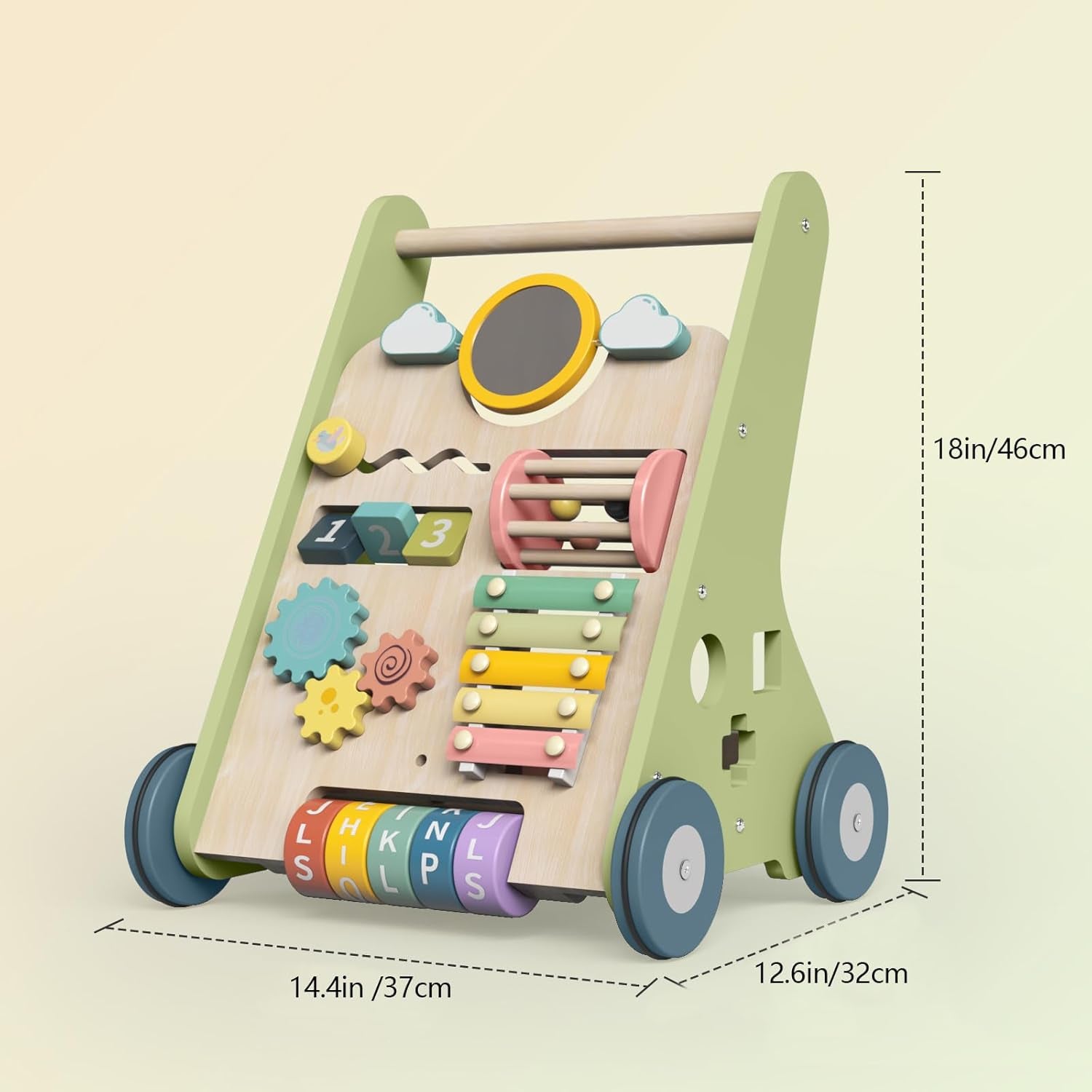 Wooden Walker for Babies 12 Months, Toddler Push along Walker Toy for 1 Year Olds Girls Boys Gifts, 8-In-1 Baby Activity Walker with Wooden Play Food Toys 1St Birthday Presents