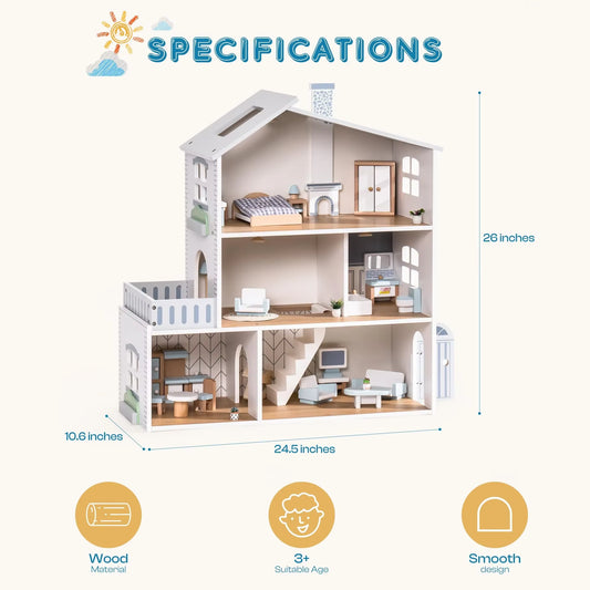 Wooden Dollhouse 6 Rooms 29 Realistic Accessories 4-6" Dolls Nordic Style Kids Toddlers Gift Ages 3+