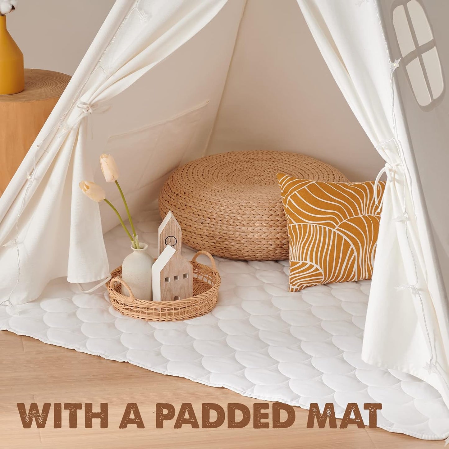 Teepee Tent with Padded Mat, Light String & Carry Case - Kids Foldable Play Tent for Indoor Outdoor, Raw White Canvas - Playhouse - Portable