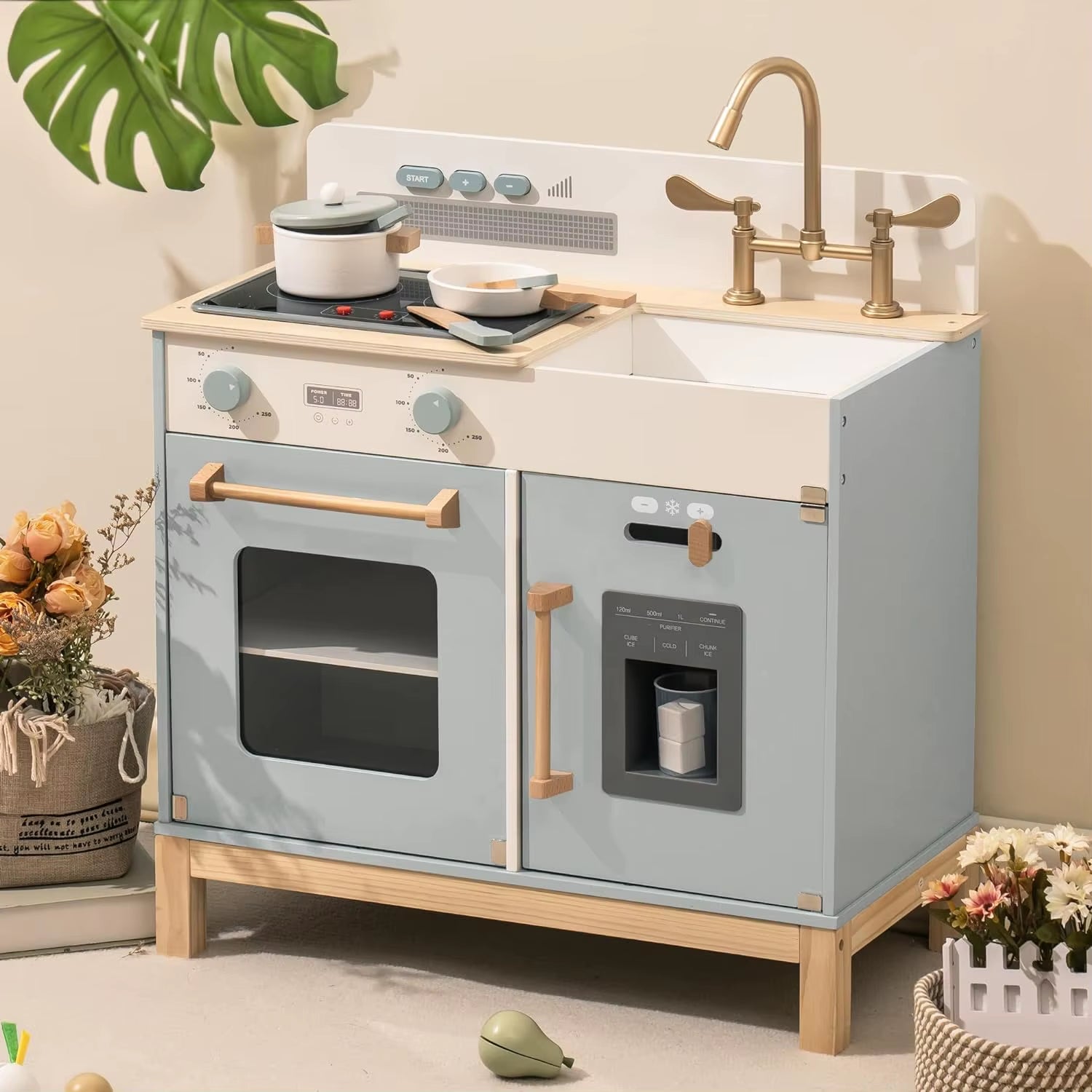 Play Kitchen for Toddlers Wooden Play Kitchen with Real Lights Sounds Ice Cube Dispenser Gift for Ages 3+ Blue White