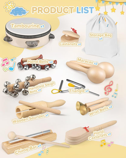 Kids Musical Instruments 14Pcs, Montessori Musical Toys Maracas, Percussion Instruments Music Enlightenment, Musical Toys for Boys and Girls, Kids Birthday Gift