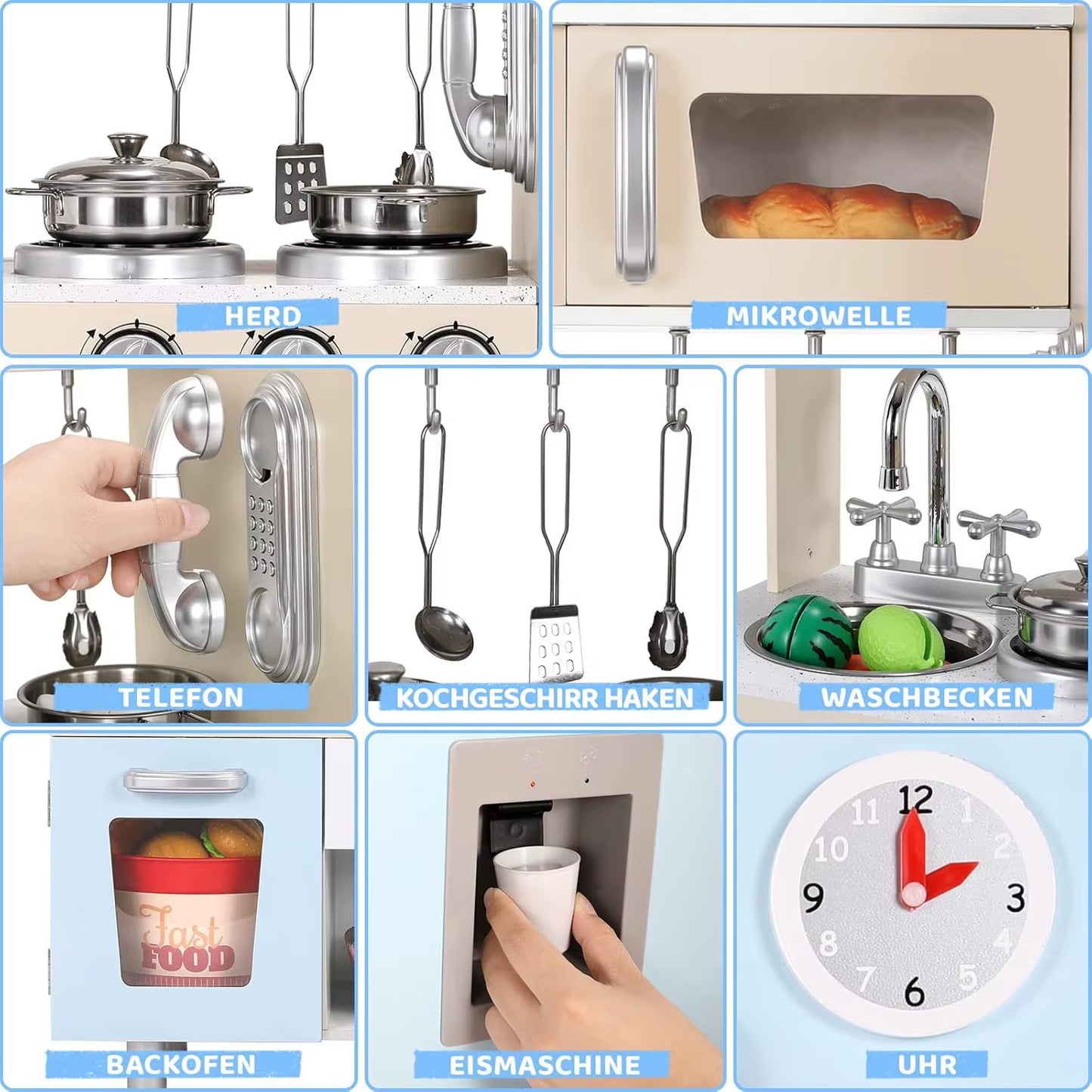 Kids Wooden Pretend Cooking Kitchen Playset with Cabinets for Toddler Play Kitchen Toy Cooking with Lights & Sounds