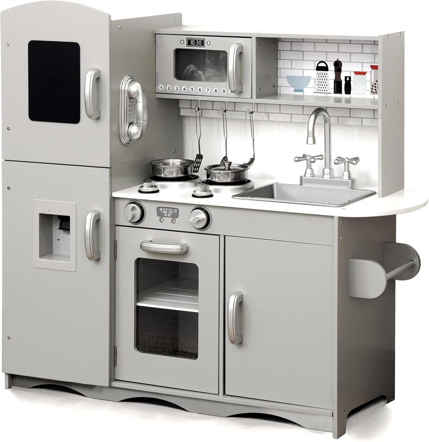 KIDOZ Wooden Toy Kitchen, Large Pretend Play Kitchen with Realistic Oven, Microwave and Sink with Taps, Kitchen Playset with Sounds and Lights for Kids (New Grey (Kitchen with Utensils)