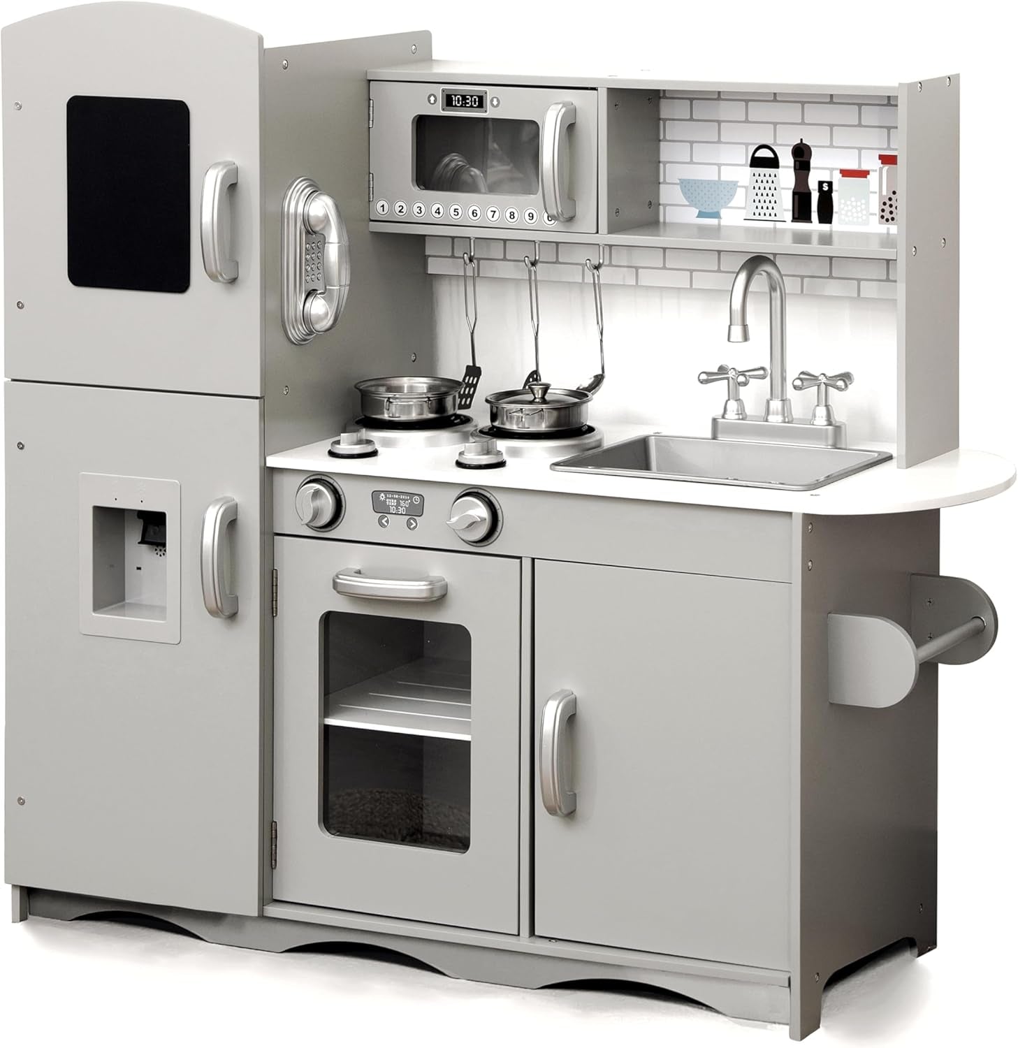 KIDOZ Wooden Toy Kitchen, Large Pretend Play Kitchen with Realistic Oven, Microwave and Sink with Taps, Kitchen Playset with Sounds and Lights for Kids (New Grey (Kitchen with Utensils)