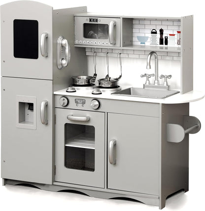 KIDOZ Signature Kids Wooden Kitchen, Large Pretend Role Play Kitchen with Realistic Oven, Microwave and Sink with Taps, Kitchen Playset with Sounds and Lights for Kids (Pink Kitchen with Utensils)