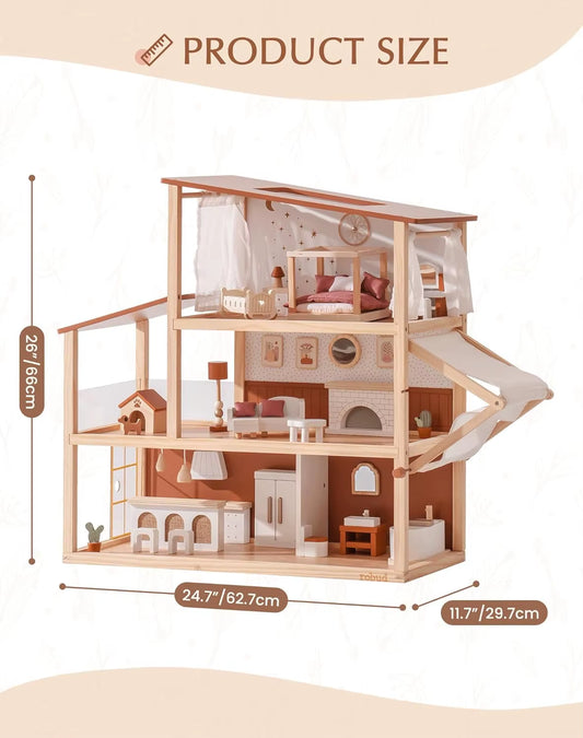 Wooden Dollhouse 6 Rooms 29 Realistic Accessories 4-6" Dolls Nordic Style Kids Toddlers Gift Ages 3+