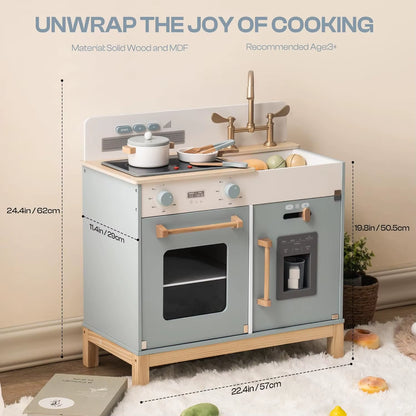 Play Kitchen for Toddlers Wooden Play Kitchen with Real Lights Sounds Ice Cube Dispenser Gift for Ages 3+ Blue White