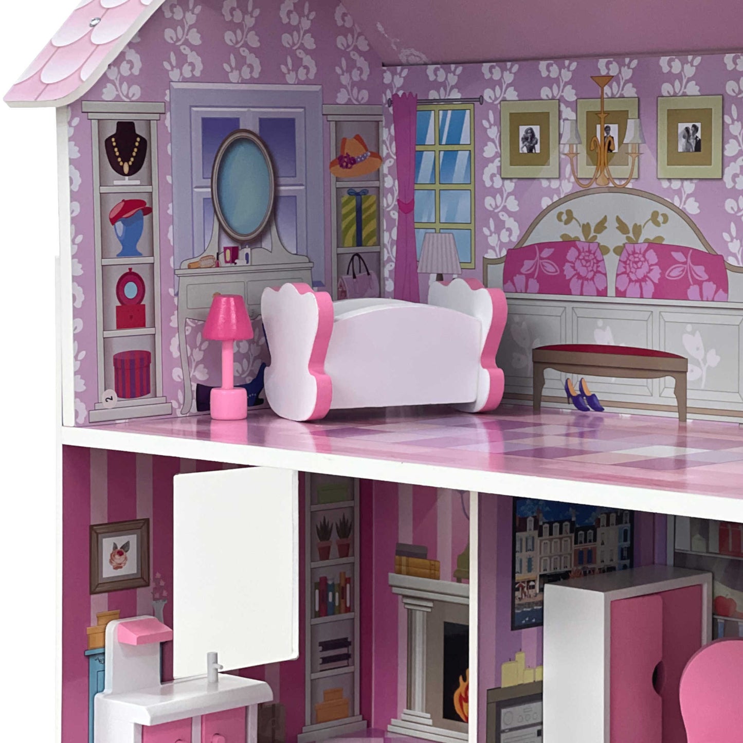 Childrens Kids Wooden Dolls House Playset with 9Pcs Furniture and Accessories