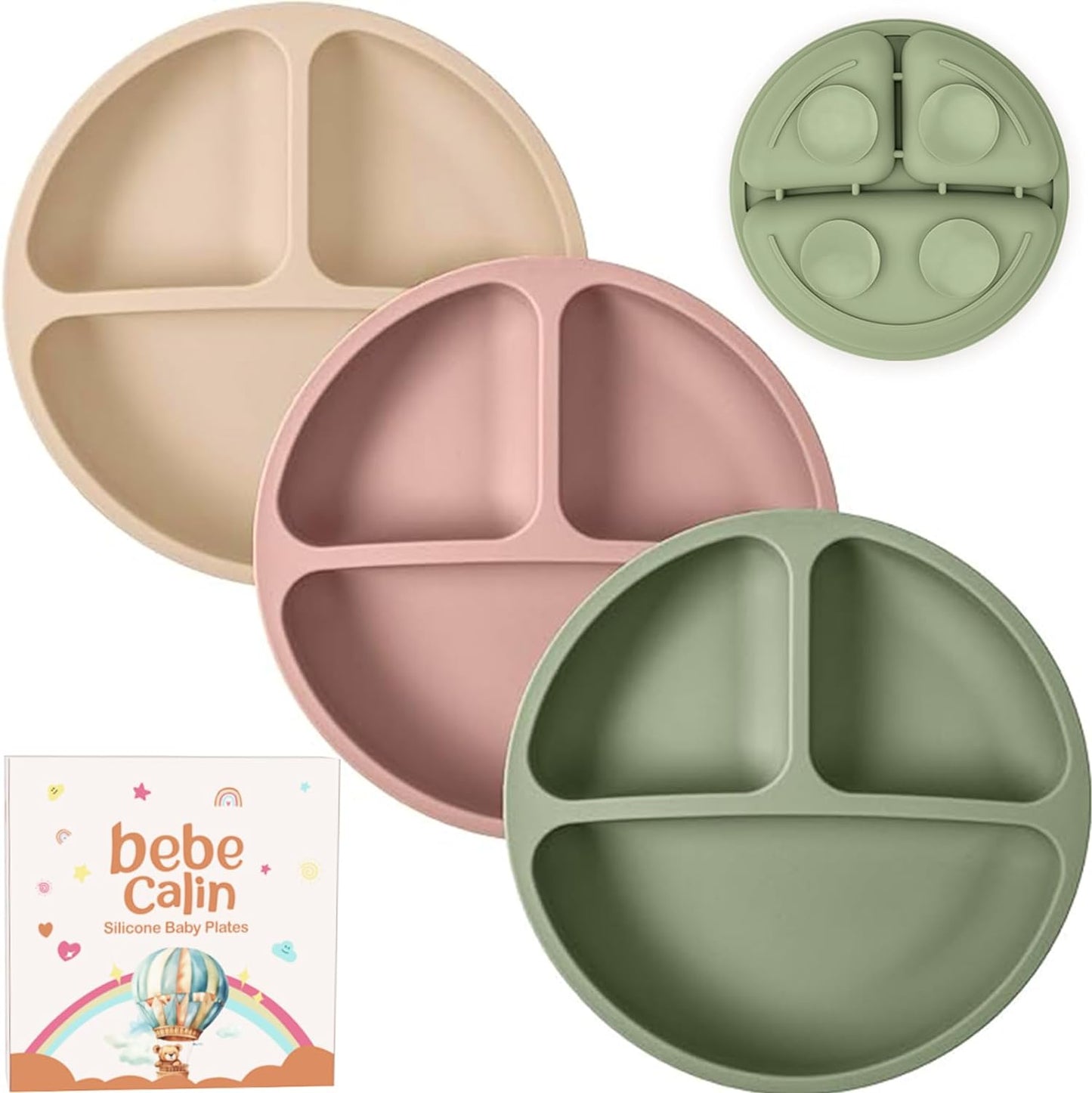 Baby Plates with Suction - 3 Pack Silicone Baby Suction Plates for Toddler Kids Self Feeding - Weaning Plates for High Chair Tray - Unbreakable, Portable, Non Slip (Nude+Pink+Green), BB001