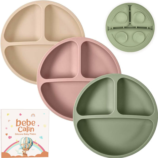 Baby Plates with Suction - 3 Pack Silicone Baby Suction Plates for Toddler Kids Self Feeding - Weaning Plates for High Chair Tray - Unbreakable, Portable, Non Slip (Nude+Pink+Green), BB001