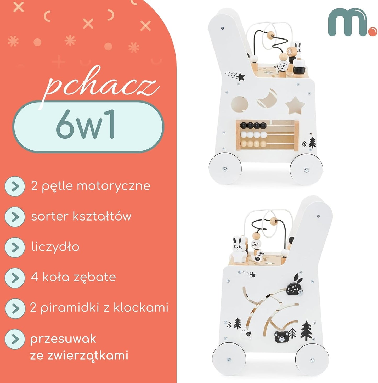 Wooden Baby Walker with Wheels 6-In-1 - Push along Toy 12+ Months - Baby Activity Centre Walker with Shape Sorter, Bead Mazes, Abacus and Gears and Stacking Blocks