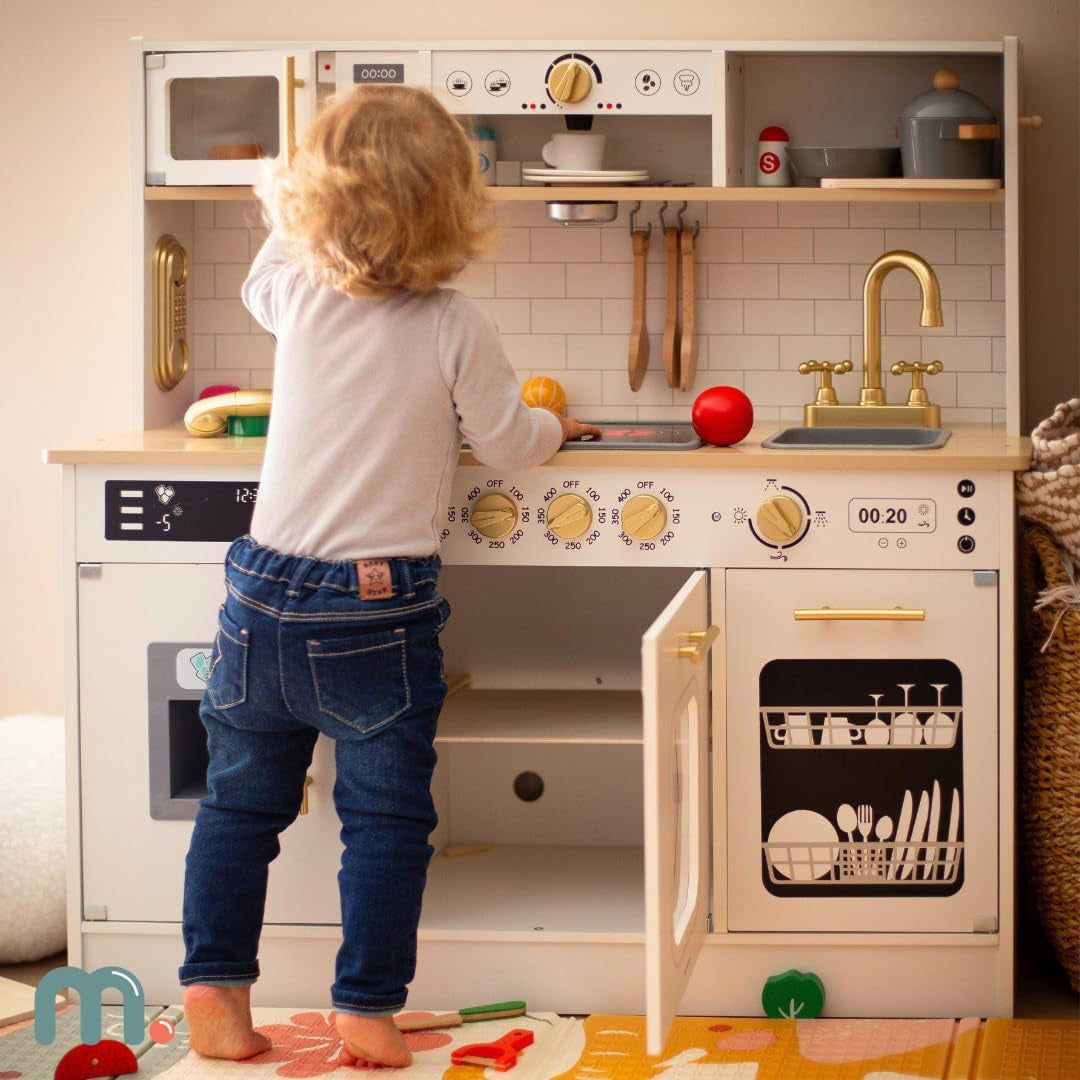 Wooden Play Kitchen, Children'S Play Kitchens & Toddler Set, Playset for Kids 3+ with LED Lights, Interactive Toy with Microwave, Dishwasher, Coffee Machine, Oven, Sink & Accessories