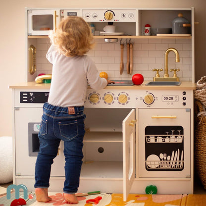 Wooden Play Kitchen, Children'S Play Kitchens & Toddler Set, Playset for Kids 3+ with LED Lights, Interactive Toy with Microwave, Dishwasher, Coffee Machine, Oven, Sink & Accessories