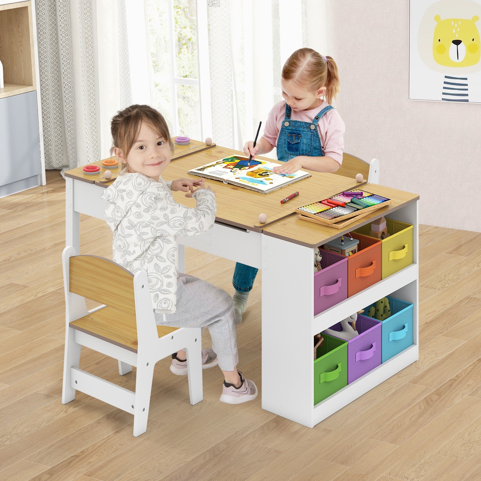 COSTWAY 2-In-1 Kids Art Table and Easel Set Wooden Drawing Desk W/Chairs-Natur
