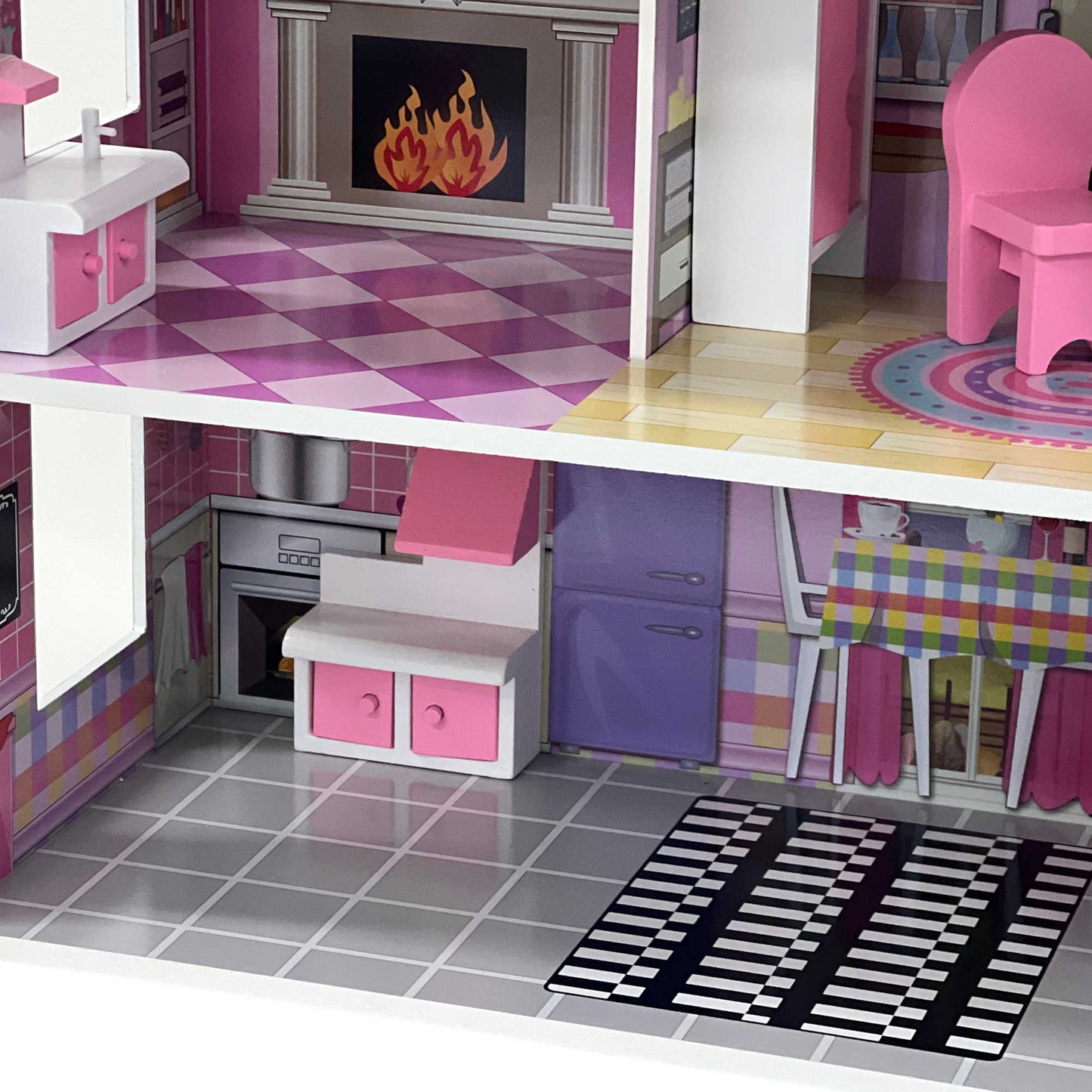 Childrens Kids Wooden Dolls House Playset with 9Pcs Furniture and Accessories