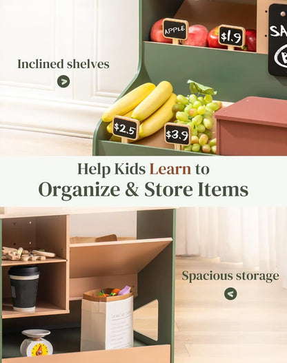 Robotime  Vintage Green Wooden Kids Shop with Box Fairy Lights Bell and Blackboard with Food Toy Set Grils Boys 3+