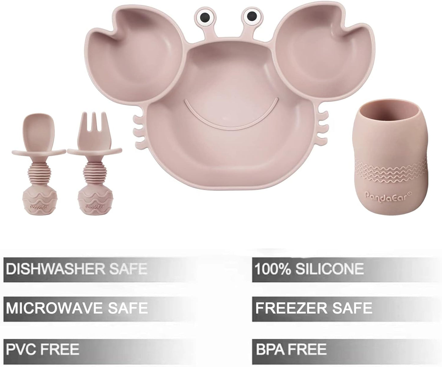 Silicone Baby Plate with Suction + Baby Sippy Cup + Baby Feeding Spoon Fork, Divided Kid Toddler Baby Suction Plate, Baby Feeding Items Led Weaning Set, Crab Pink