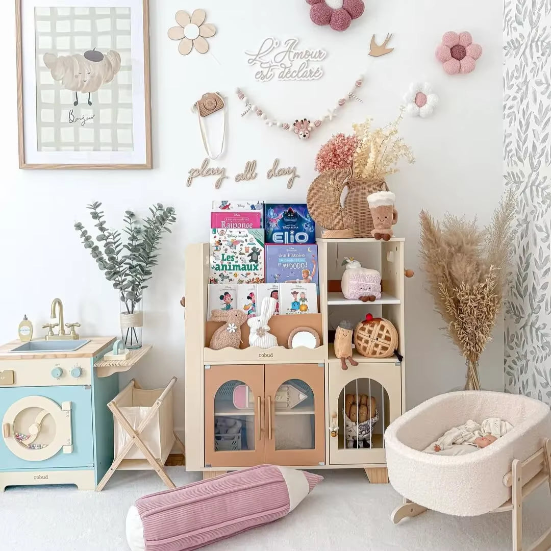 Robud Kids Wooden Bookshelf All-In-1 Kids Toy Storage Organizer 6 Cubby Bookcases Toy Chest Finish Space-Saving Caramel