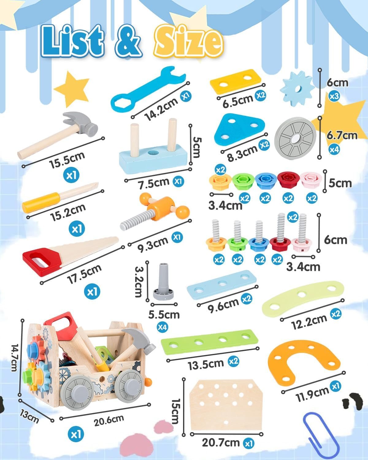 3-In-1 Design Wooden Tool Set Toys for Kids, Gifts for 2+ Year Old Boy Toys, 50 Pcs Accessories, Toddler Educational Construction Bench Set Toy for 2-6 Year Old Boys & Girls, Ideal
