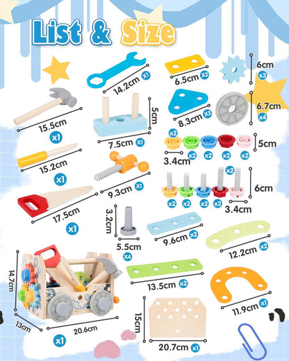 3-In-1 Design Wooden Tool Set Toys for Kids, Gifts for 2+ Year Old Boy Toys, 50 Pcs Accessories, Toddler Educational Construction Bench Set Toy for 2-6 Year Old Boys & Girls, Ideal