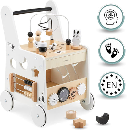 Wooden Baby Walker with Wheels 6-In-1 - Push along Toy 12+ Months - Baby Activity Centre Walker with Shape Sorter, Bead Mazes, Abacus and Gears and Stacking Blocks