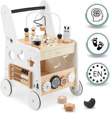 Wooden Baby Walker with Wheels 6-In-1 - Push along Toy 12+ Months - Baby Activity Centre Walker with Shape Sorter, Bead Mazes, Abacus and Gears and Stacking Blocks