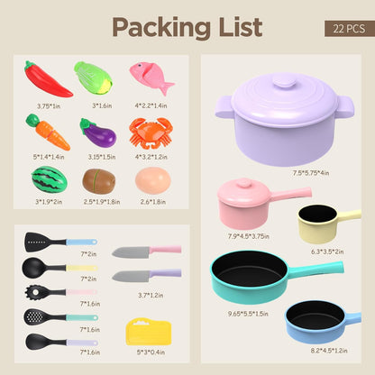 Kitchen Pretend Play Set - Role Play Cutting Fruit Food Toy & Cookware Pot & Pan Set, Educational Gift for Toddlers Age 3-8