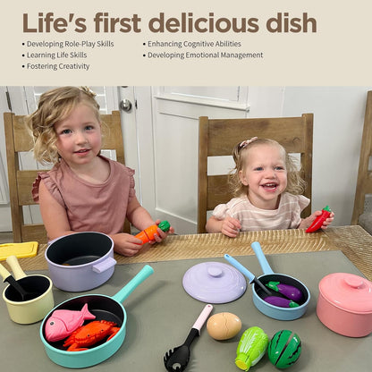 Kitchen Pretend Toy, Role Play Cutting Fruit Food Toy & Cookware Pot & Pan Set, Educational Gift Toy for Kid Girl Boy Toddler Age 3,4,5,6,7,8, Cooking Utensil Vegetable Toy for Children
