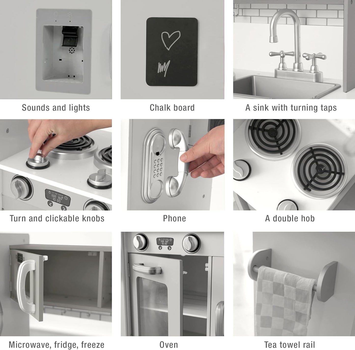 KIDOZ Wooden Toy Kitchen, Large Pretend Play Kitchen with Realistic Oven, Microwave and Sink with Taps, Kitchen Playset with Sounds and Lights for Kids (New Grey (Kitchen with Utensils)