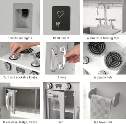 KIDOZ Signature Kids Wooden Kitchen, Large Pretend Role Play Kitchen with Realistic Oven, Microwave and Sink with Taps, Kitchen Playset with Sounds and Lights for Kids (Pink Kitchen with Utensils)