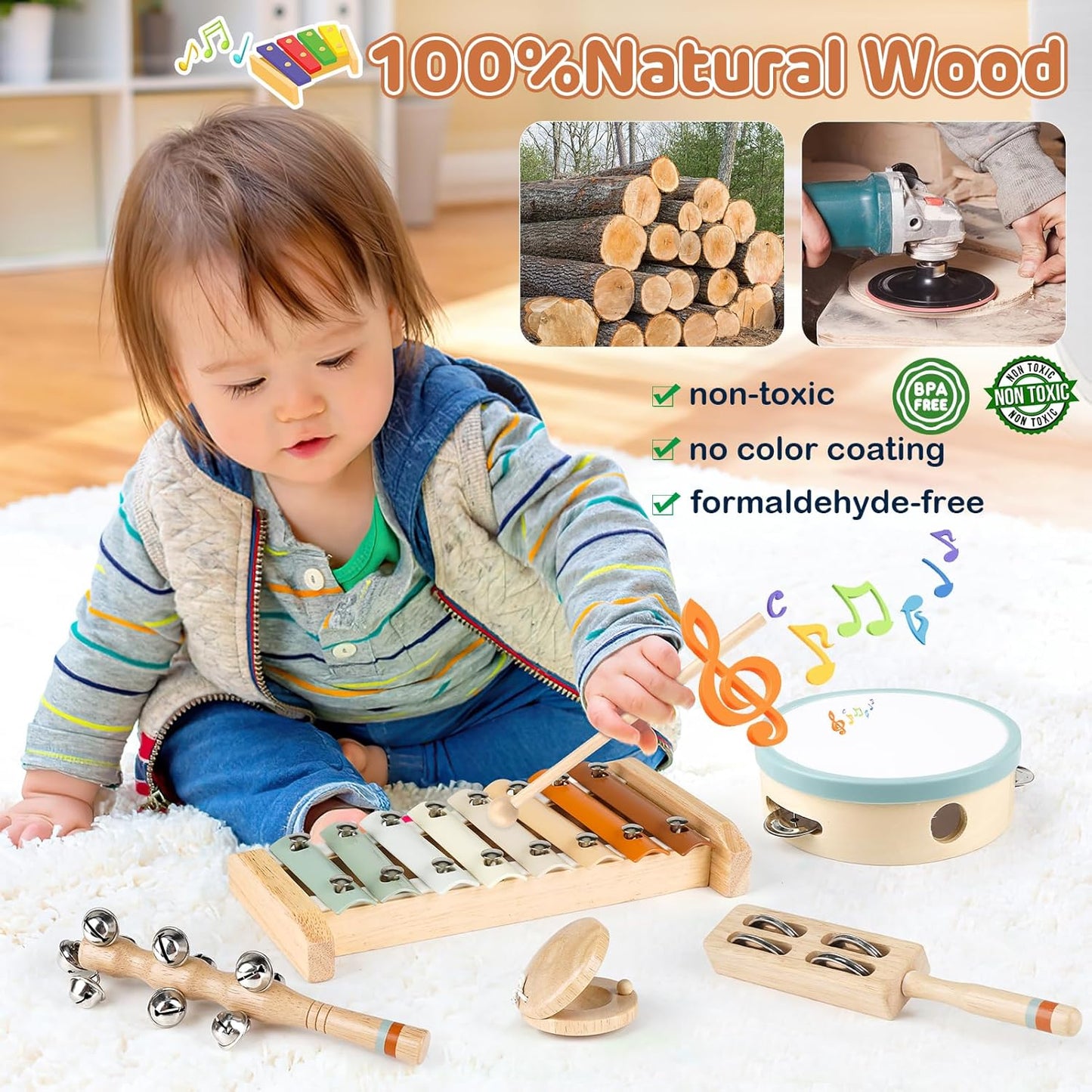 Kids Musical Instruments,  Baby Musical Instrument Montessori Wooden Toys for Toddlers18M+, Neutral Colors Percussion Instruments Set, Aesthetic Modern Boho Xylophone for Kids Playroom Gifts