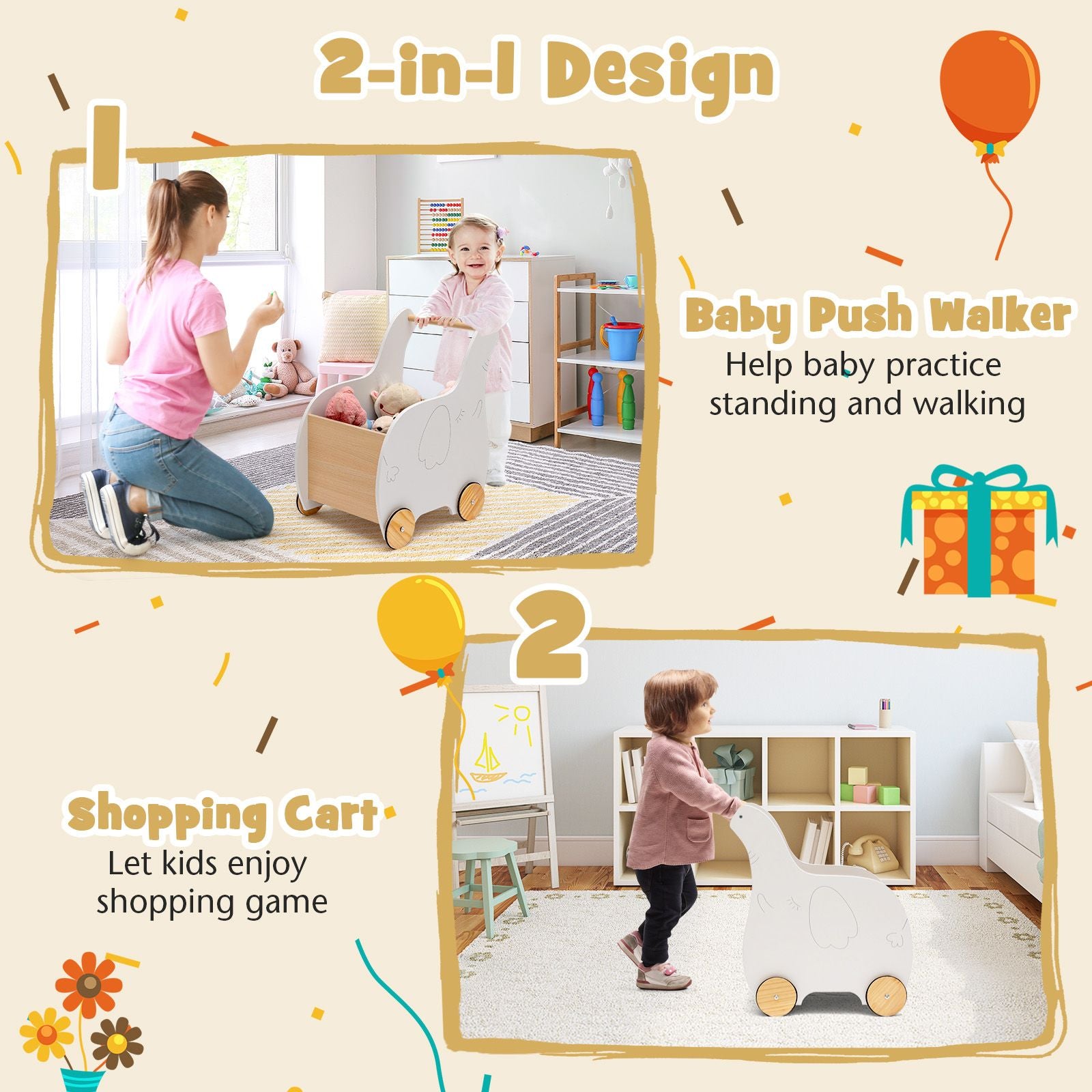 2-In-1 Wooden Baby Walker with Storage Chest and 4 Wheels