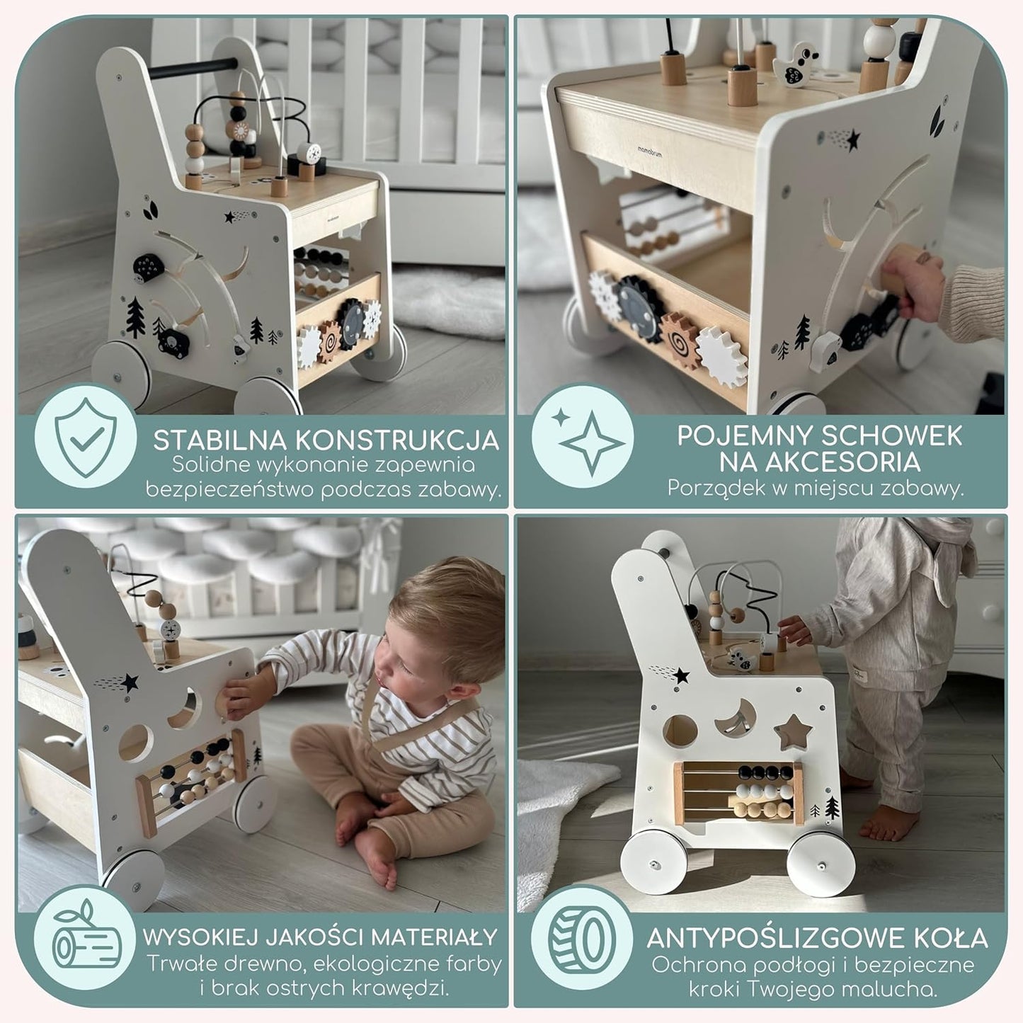 Wooden Baby Walker with Wheels 6-In-1 - Push along Toy 12+ Months - Baby Activity Centre Walker with Shape Sorter, Bead Mazes, Abacus and Gears and Stacking Blocks