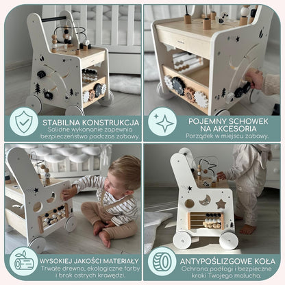 Wooden Baby Walker with Wheels 6-In-1 - Push along Toy 12+ Months - Baby Activity Centre Walker with Shape Sorter, Bead Mazes, Abacus and Gears and Stacking Blocks