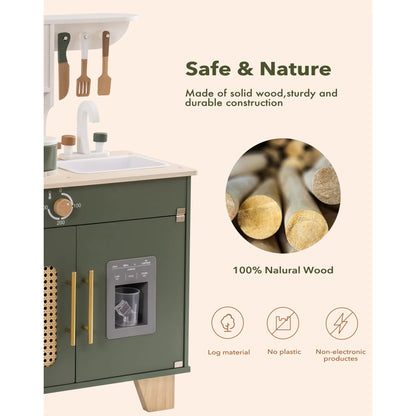 Robud Kids Kitchen Play Set with Ice Maker Pretend Playset Wooden Toy for Kids Age 3+ Vintage Green for Toddler