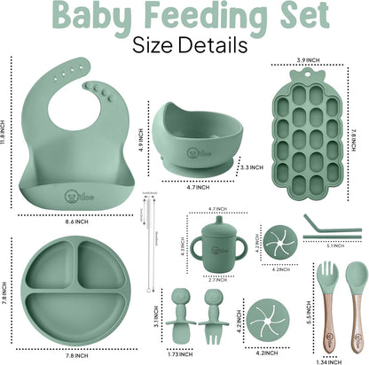 Baby Weaning Set – 15 Pcs Silicone Baby Feeding Set with Suction Plate, Bowl, Bib, Sippy Cup, Fruit Feeder, Freezer Tray – Baby Plates and Bowls Set – Green– BPA Free