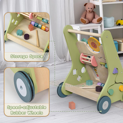 Wooden Walker for Babies 12 Months, Toddler Push along Walker Toy for 1 Year Olds Girls Boys Gifts, 8-In-1 Baby Activity Walker with Wooden Play Food Toys 1St Birthday Presents