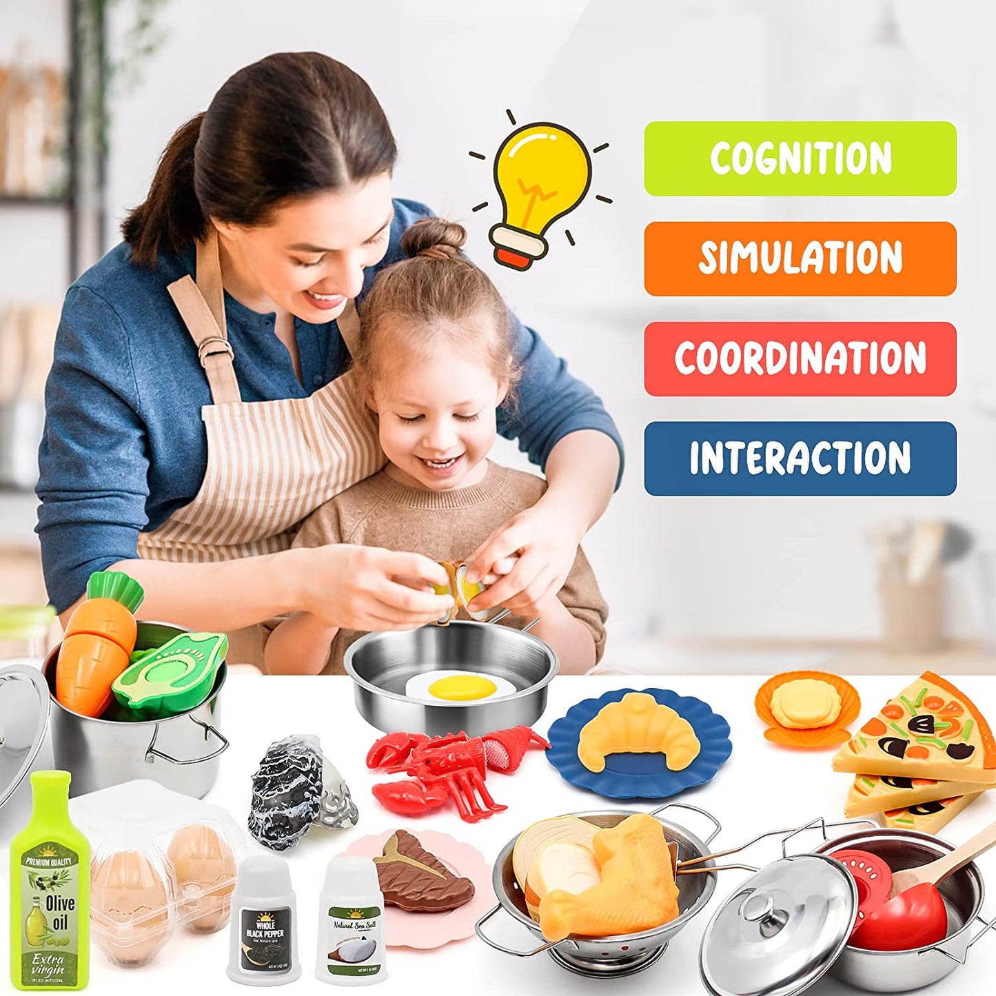37Items 59Pcs Kids Pretend Play Kitchen Accessories Set, Stainless Steel Play Pots and Pans Sets for Kids, Cooking Utensils, Play Food Pizza Knife Kitchen Playset Toys Gift for Boys Girls Toddlers 3+