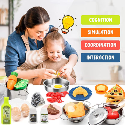 37Items 59Pcs Kids Pretend Play Kitchen Accessories Set, Stainless Steel Play Pots and Pans Sets for Kids, Cooking Utensils, Play Food Pizza Knife Kitchen Playset Toys Gift for Boys Girls Toddlers 3+